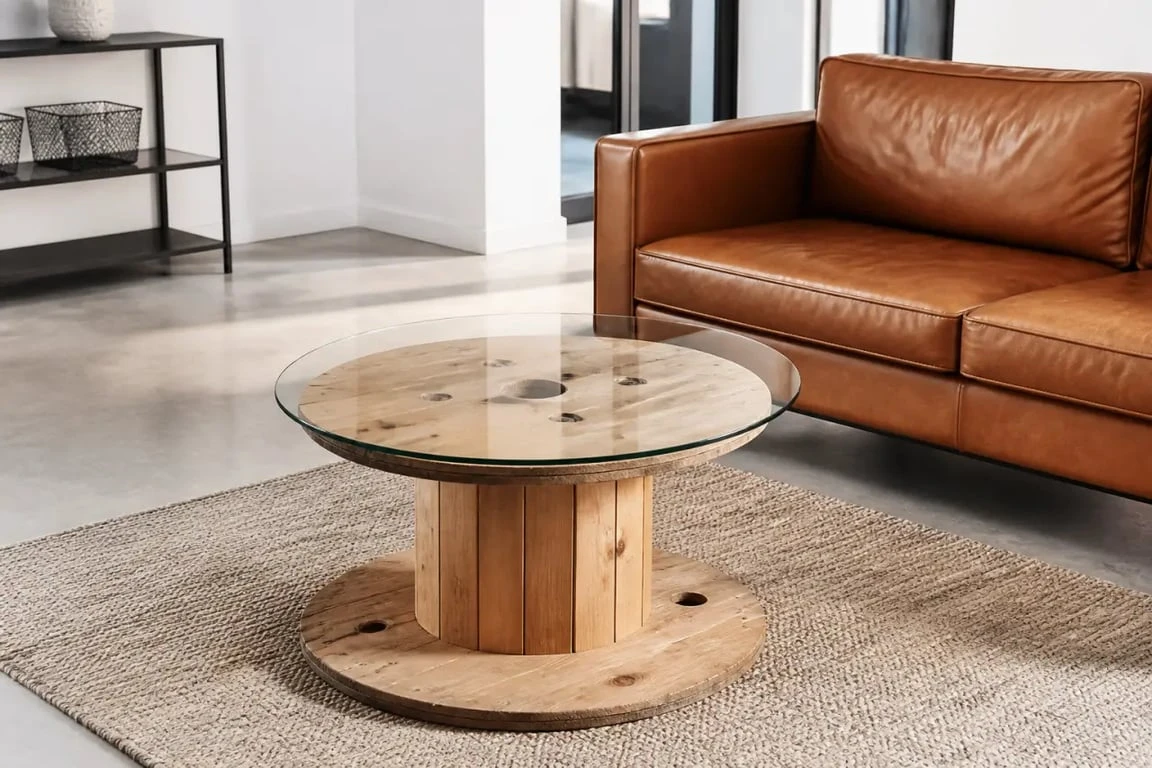 Touret en table basse fini dans un salon style industriel avec plateau en verre