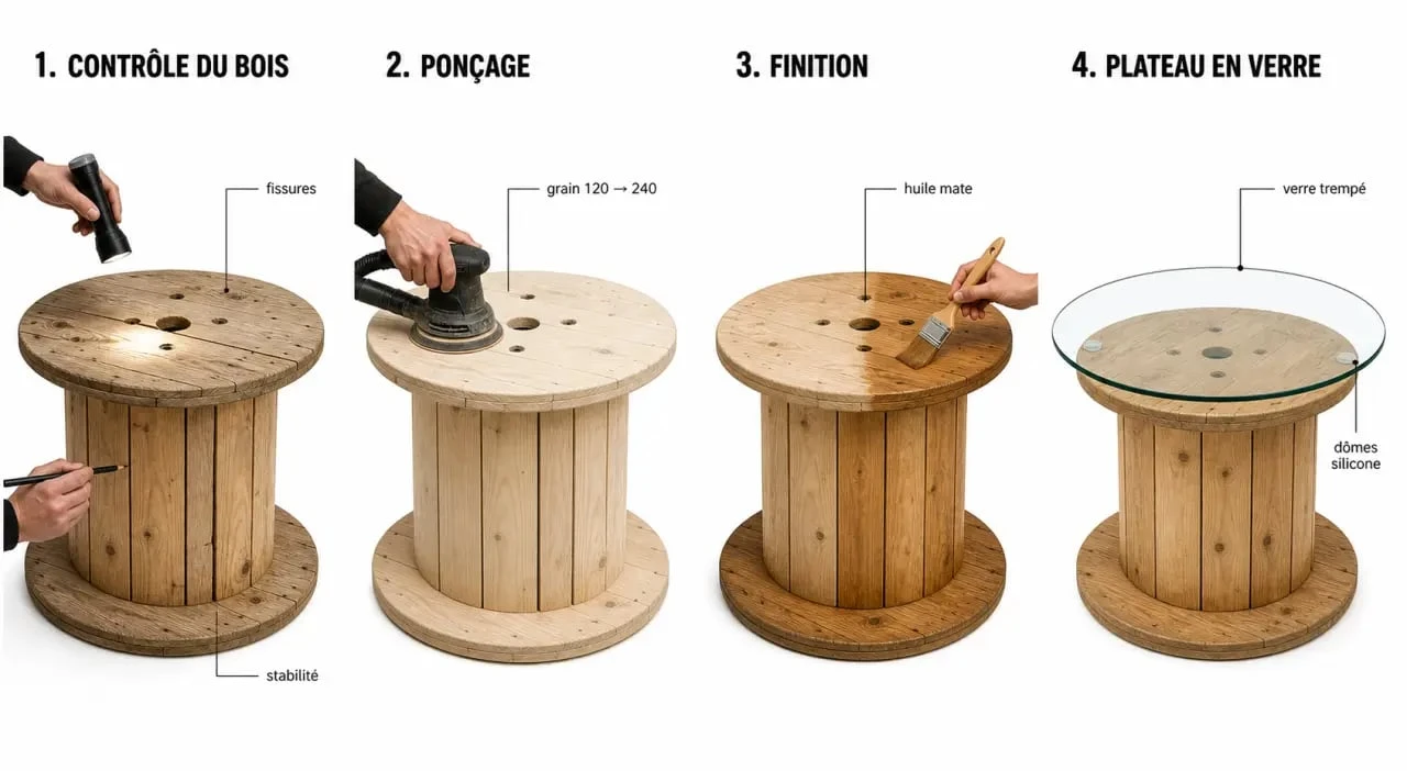 Touret en table basse en cours de transformation avec les étapes de ponçage et de finition