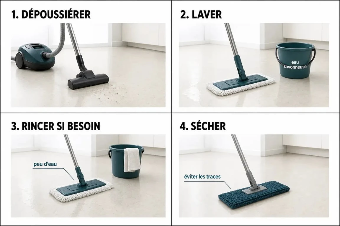 Nettoyer le lino : illustration des étapes pour dépoussiérer, laver doucement, rincer et sécher un sol en lino