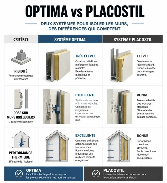 Comparatif technique entre le système Optima et le système Placostil pour l'isolation intérieure