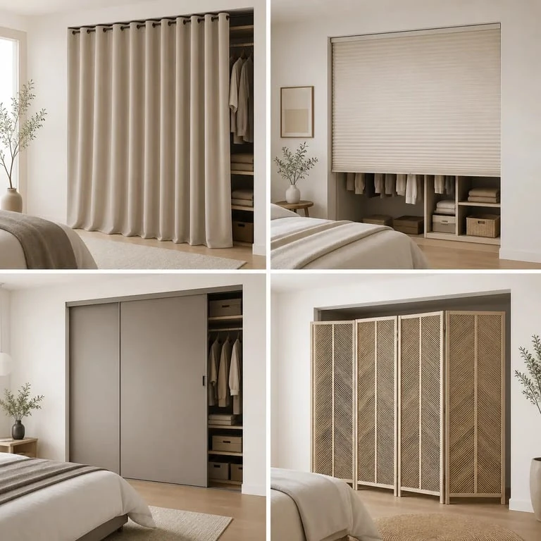 Idée pour fermer un placard sans porte : quatre solutions visuelles à comparer dans une chambre contemporaine