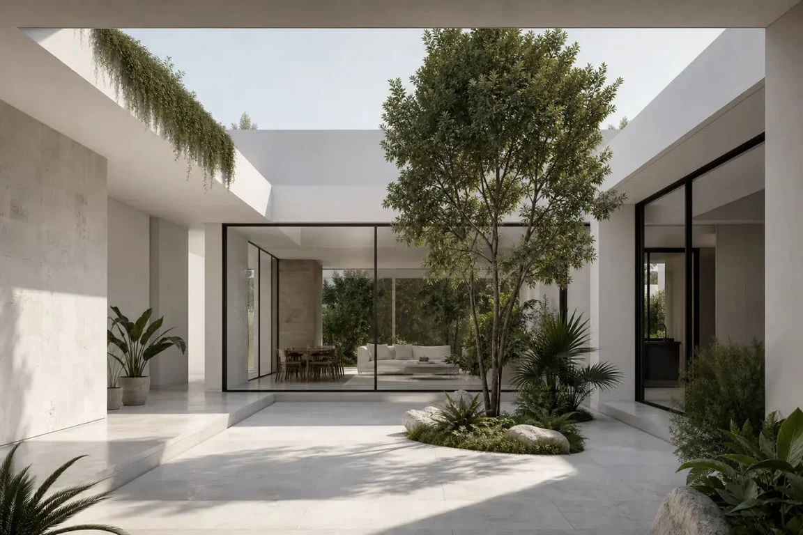Patio dans maison contemporaine avec cour intérieure lumineuse et végétation discrète