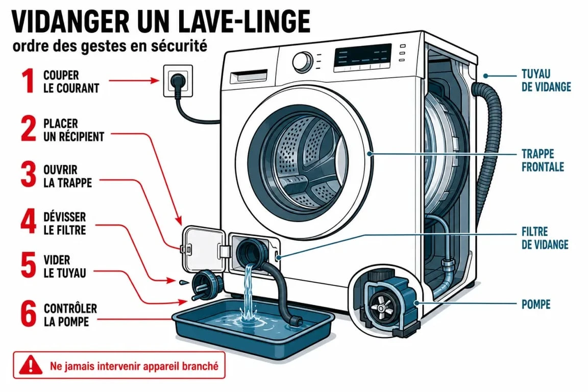 Vidanger machine à laver : schéma simple du tuyau, du filtre et de la pompe