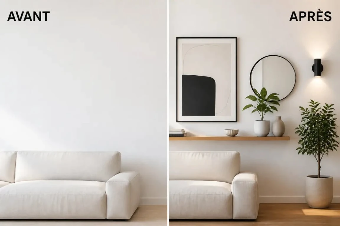 Décorer mur blanc dans un salon avant/après avec cadres, miroir et plantes