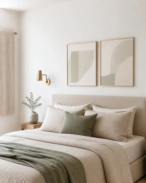 Décorer mur blanc dans une chambre avec cadres, textile et lumière douce