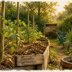 La permaculture au potager : sol vivant paillé et jeunes plants, arrosage