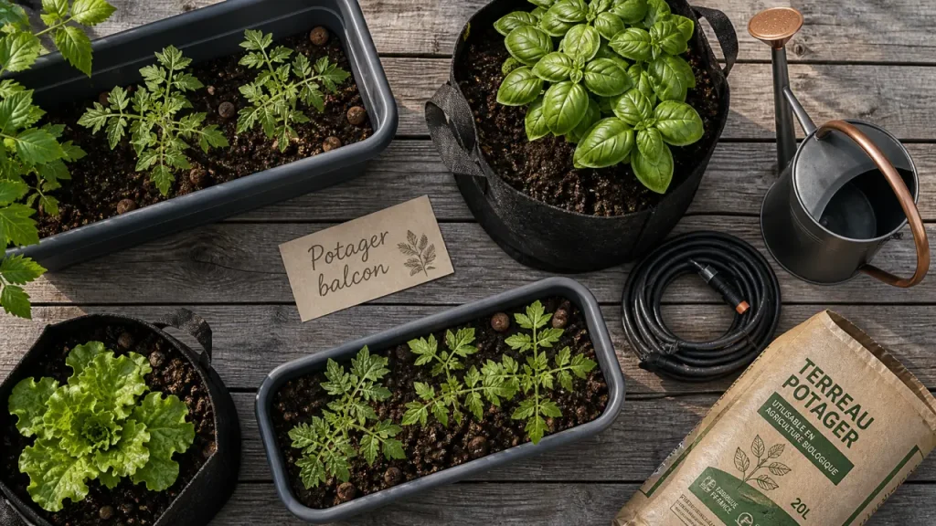 Potager sur balcon : plantules de tomates et basilic en pots