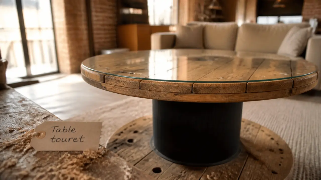 Touret en table basse : verre 6 mm sur plateau poncé, finition industrielle