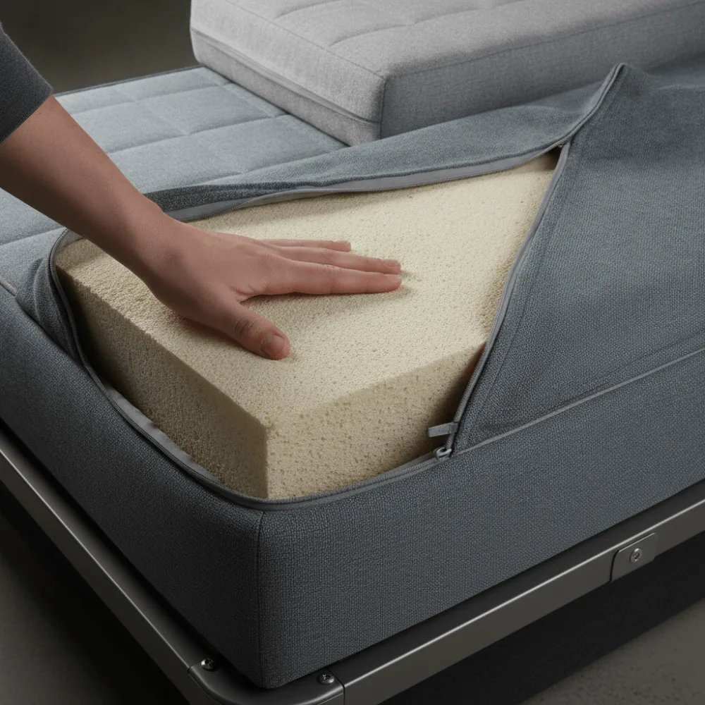 Gros plan sur la mousse et le tissu d'un clic-clac révélant la qualité du matelas et de la garniture