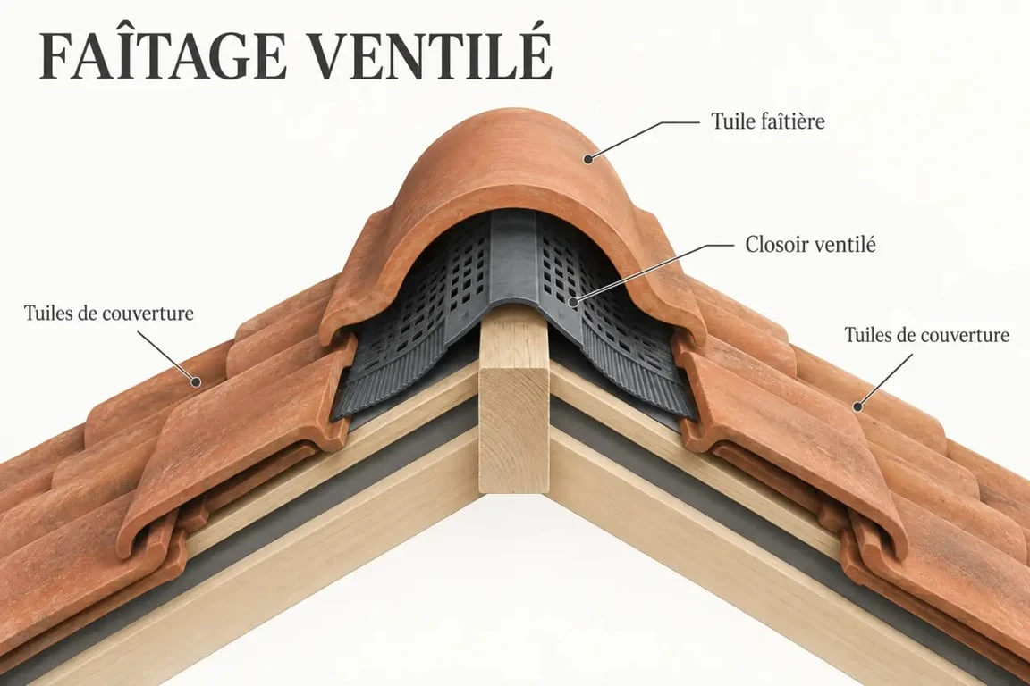 Schéma explicatif d'une tuile faîtière et du closoir ventilé sur une toiture