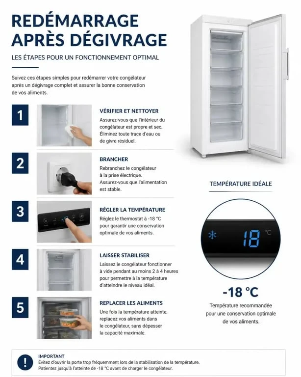 Infographie sur le temps d'attente avant de remplir un congélateur après dégivrage pour une sécurité alimentaire optimale