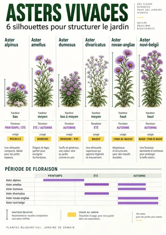 Infographie des asters vivaces selon la hauteur, la floraison et l’usage au jardin