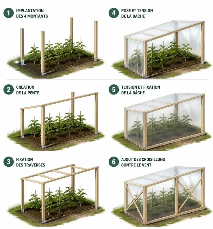 Étapes de construction d’un abri à tomates fait maison avec structure en bois et bâche transparente