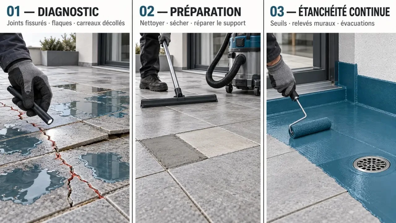 Illustration des étapes d’une étanchéité sur carrelage terrasse