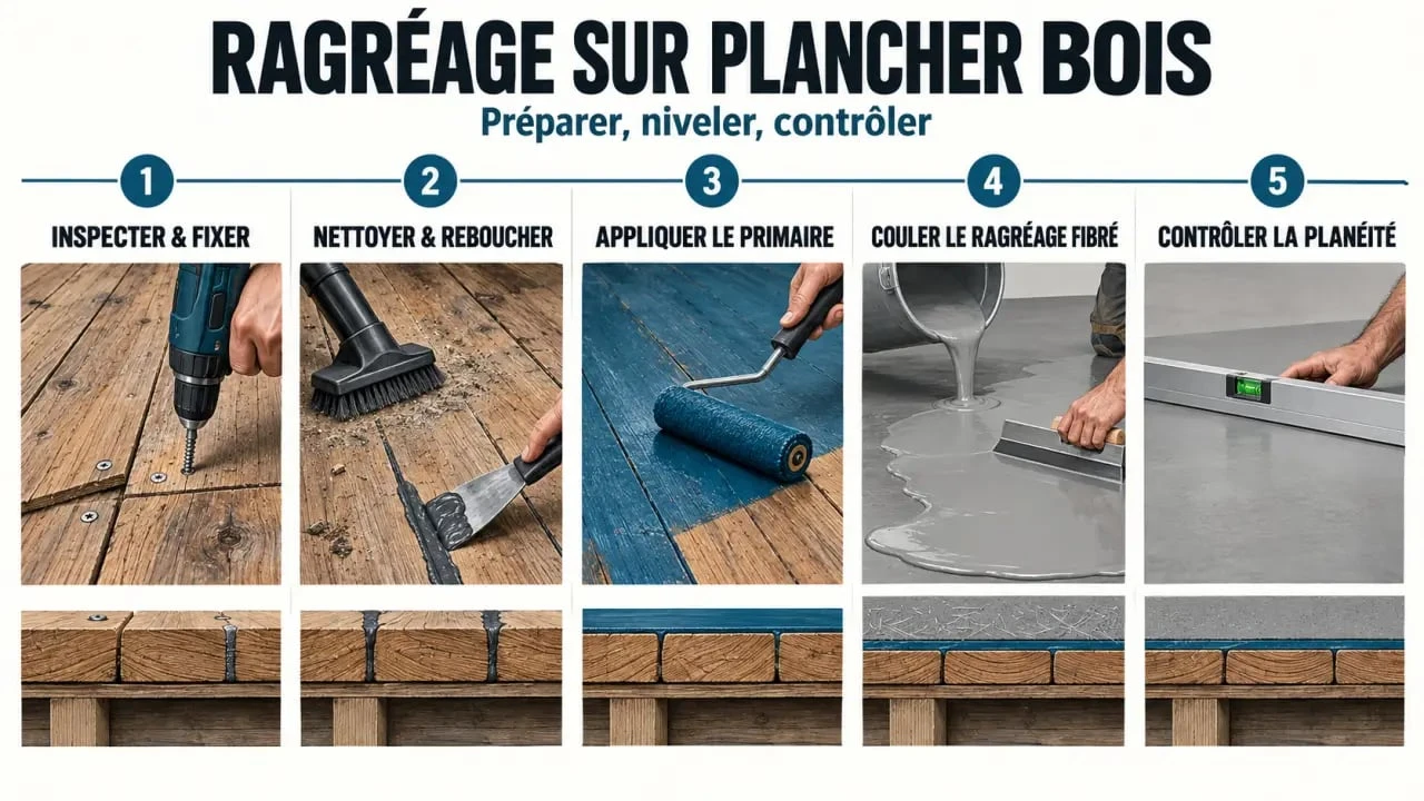 Étapes d’un ragréage sur plancher en bois avec préparation du support et application du primaire