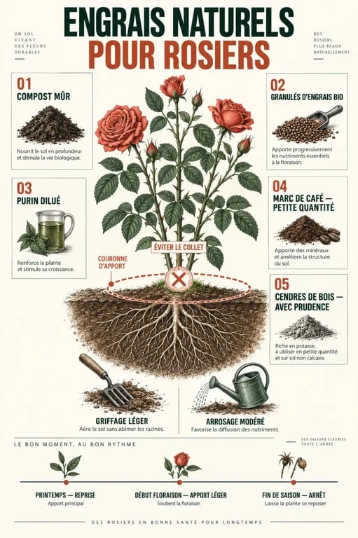 Infographie sur l'engrais rosier naturel, les solutions adaptées et l'application au pied