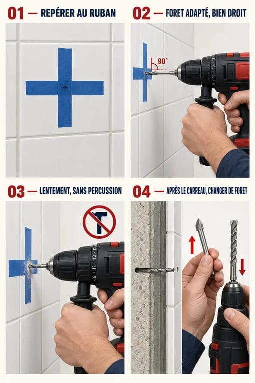 Étapes illustrées pour savoir comment percer un carrelage sans le casser