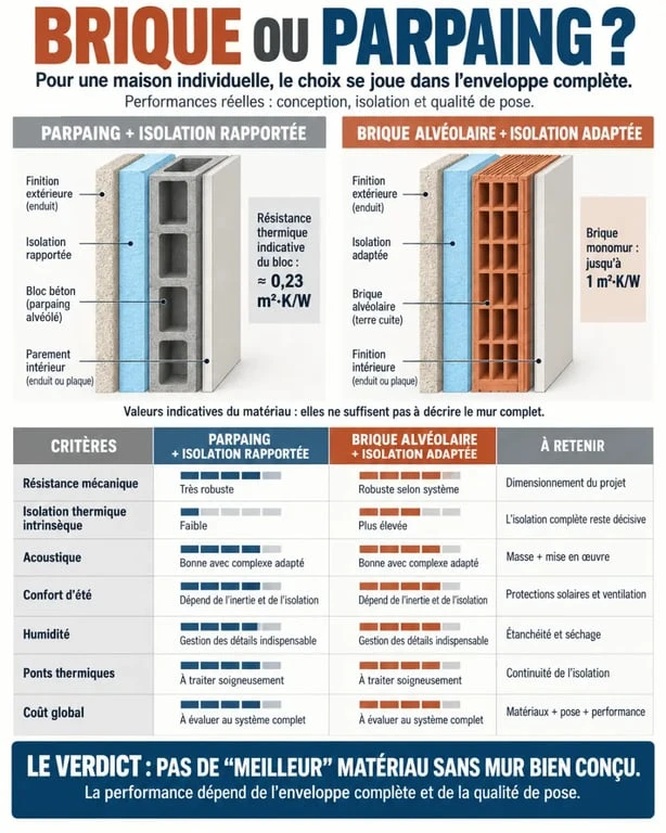 Infographie comparative brique ou parpaing pour l'isolation, l'acoustique et le confort d'été