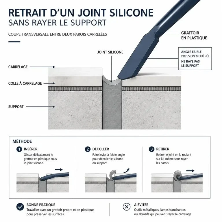 Schéma technique pour enlever un joint silicone proprement sans rayer le support