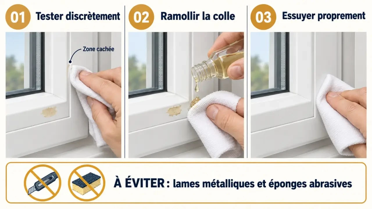Illustration des étapes pour enlever colle sur PVC fenêtre sans rayer le cadre