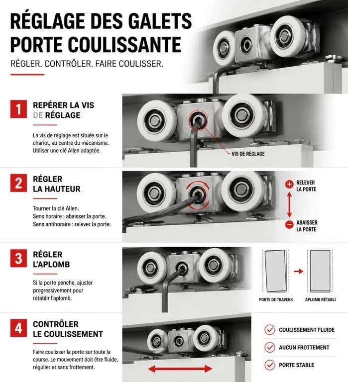 Réglage des galets pour poser une porte de placard coulissante