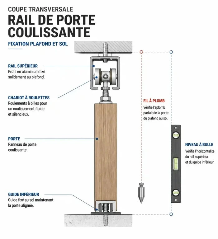 Schéma technique pour poser une porte de placard coulissante avec alignement des rails