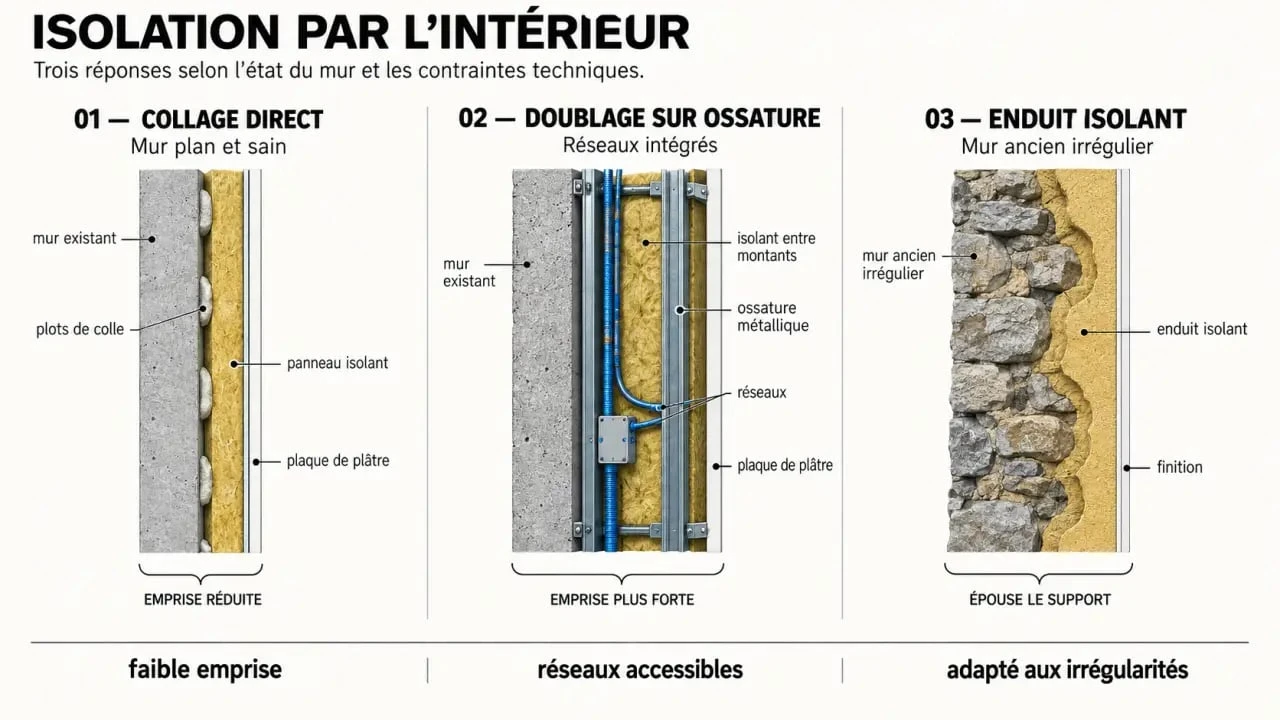 Isolation par l’intérieur : comparaison visuelle du collage direct, de l’ossature métallique et de l’enduit isolant