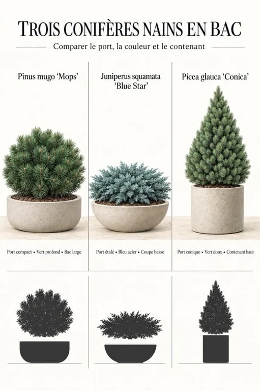 Conifère nain pour bac : comparaison visuelle de trois ports et couleurs adaptés à une terrasse