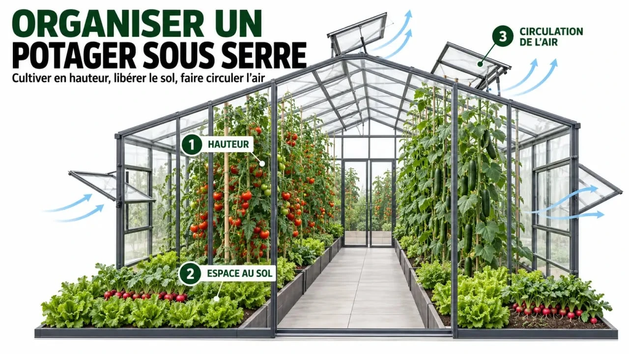 Organisation d’un potager serre avec tomates, concombres, cultures basses et allée centrale