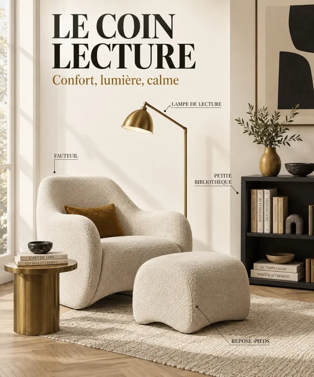 Aménager un coin lecture cosy dans un angle de salon avec fauteuil et liseuse