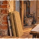 Isolation par l'intérieur : pose isolant, niveau et ruban sur mur