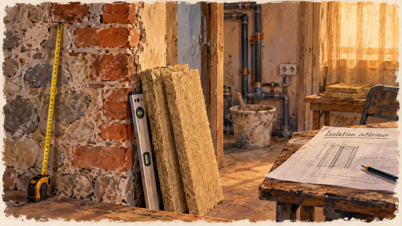 Isolation par l'intérieur : pose isolant, niveau et ruban sur mur