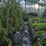 Potager serre en culture sous serre, plants guidés et récolte tôt
