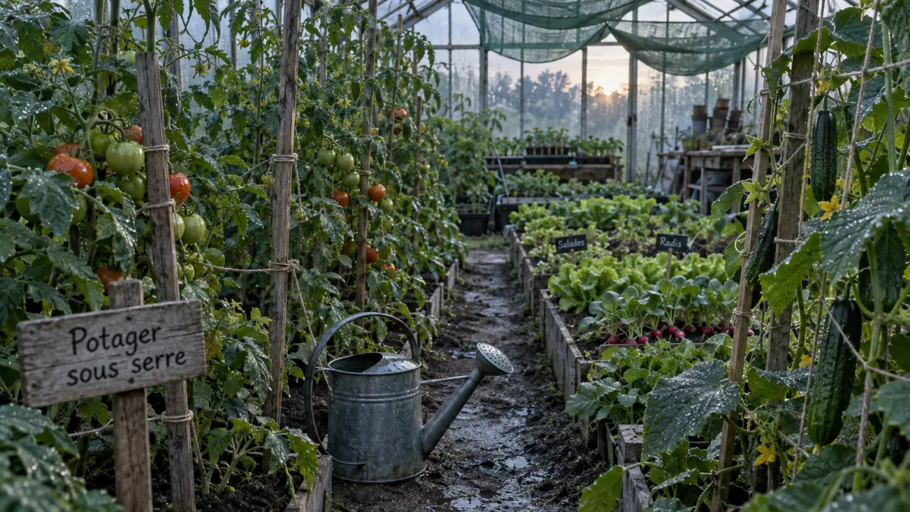 Potager serre en culture sous serre, plants guidés et récolte tôt