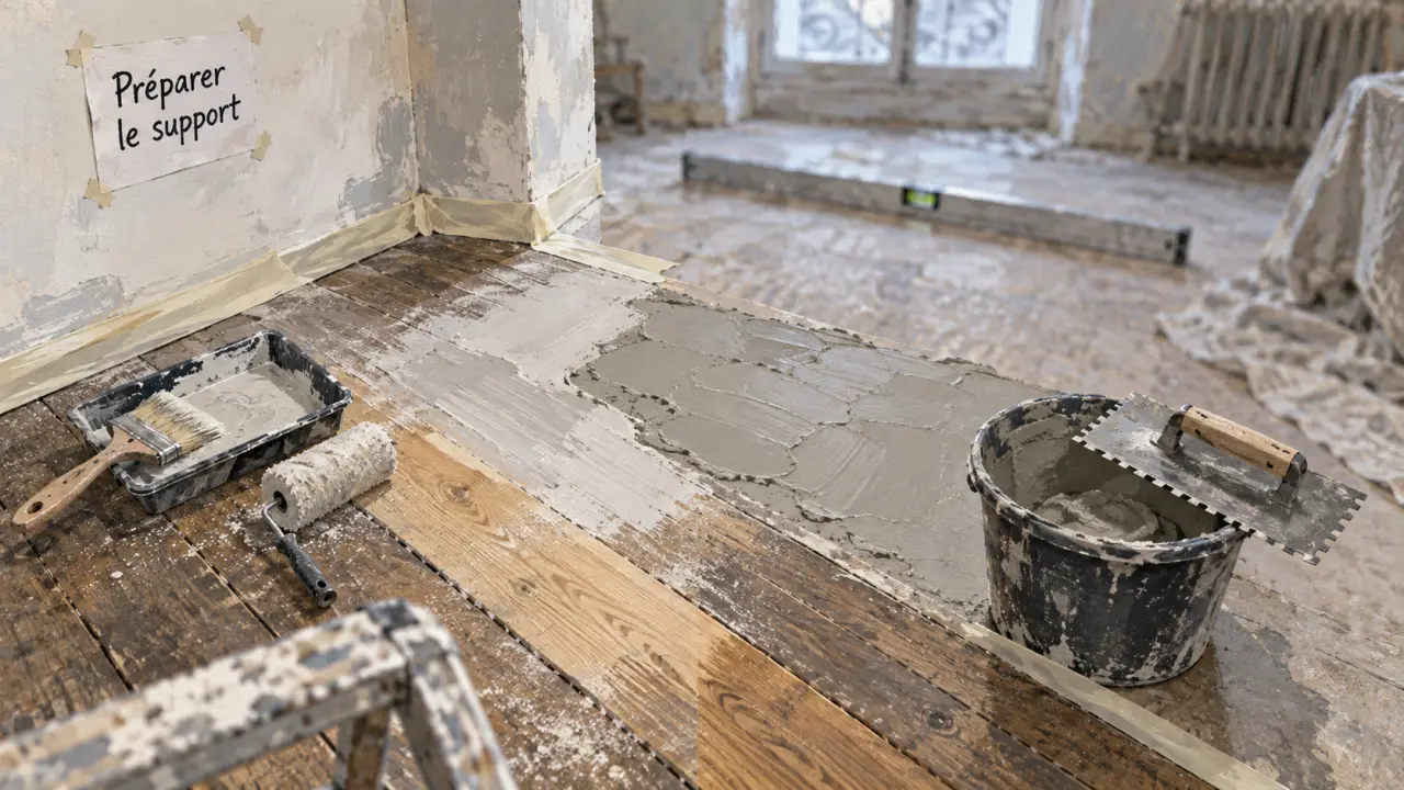 Ragréage sur plancher en bois : enduit prêt à étaler après primaire