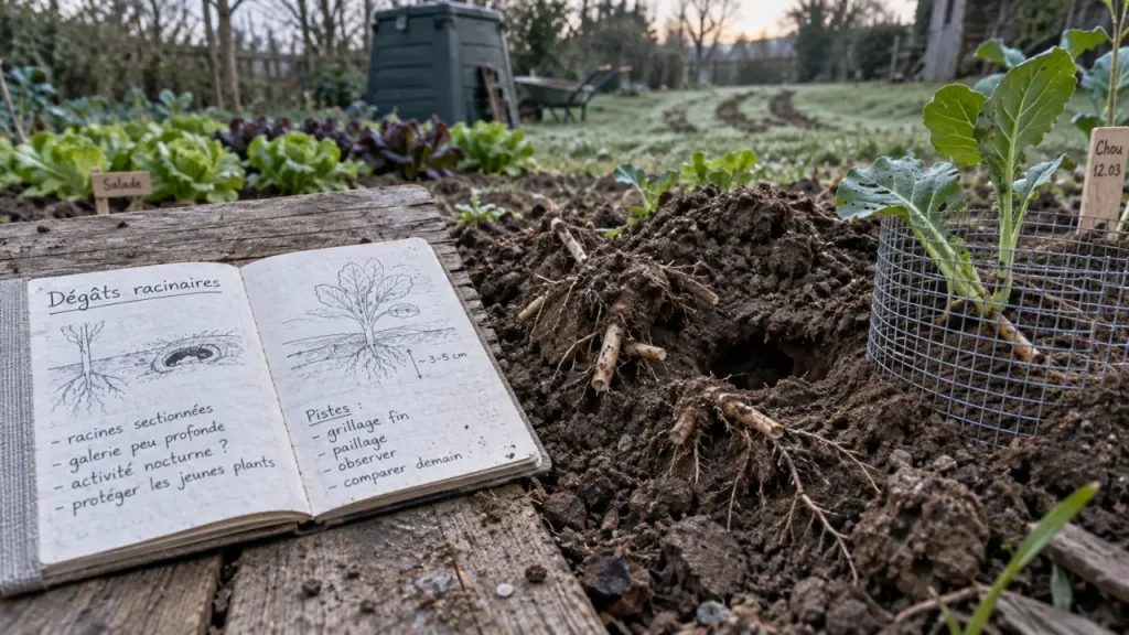 Indices de rongeurs du jardin au potager : terre fraîche et racines sectionnées