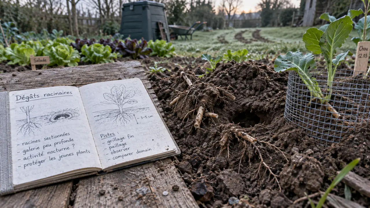 Indices de rongeurs du jardin au potager : terre fraîche et racines sectionnées