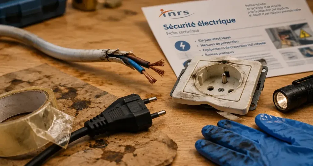 Appareil électeique abimé : câble dénudé, scotch insuffisant