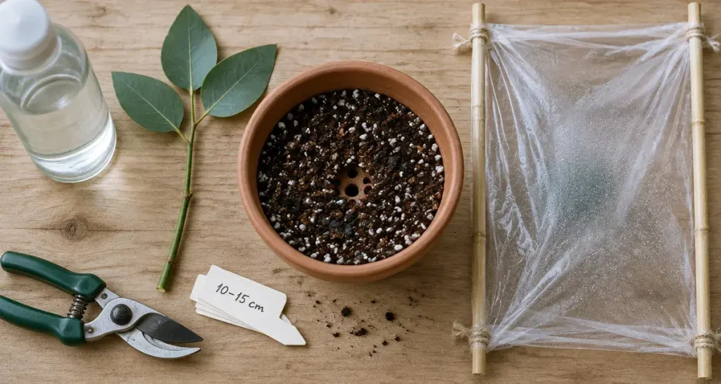Bouture eucalyptus en pot, humidité maîtrisée et tige de 10–15 cm sous film plastique