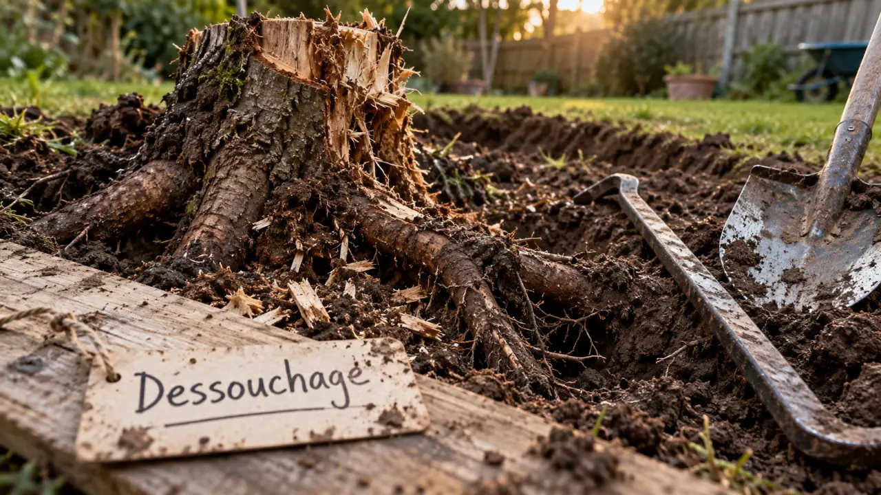 Détruire souche : dessouchage jardin, racines et pelle