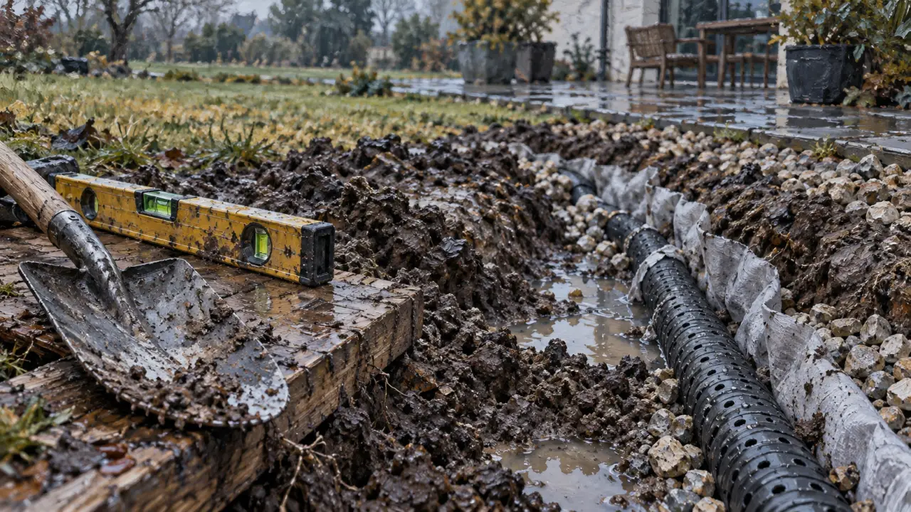 Drainer un terrain gorgé d’eau : tuyau de drainage dans sol détrempé, flaques