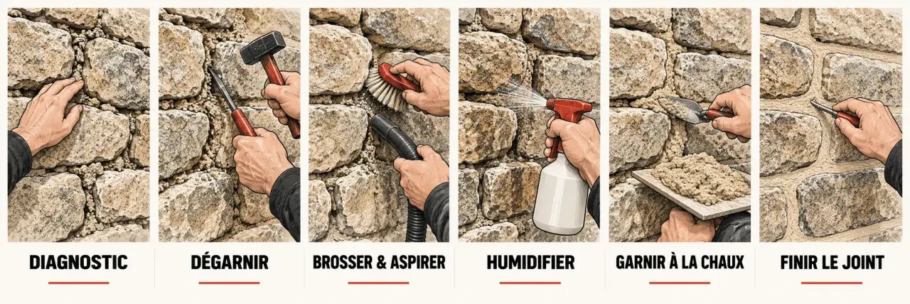 Illustration des étapes du jointage d’un mur en pierre avec dégarnissage, nettoyage et remplissage des joints