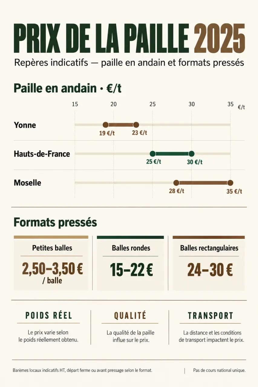 Infographie sur le prix paille 2025 selon la région et le format de vente