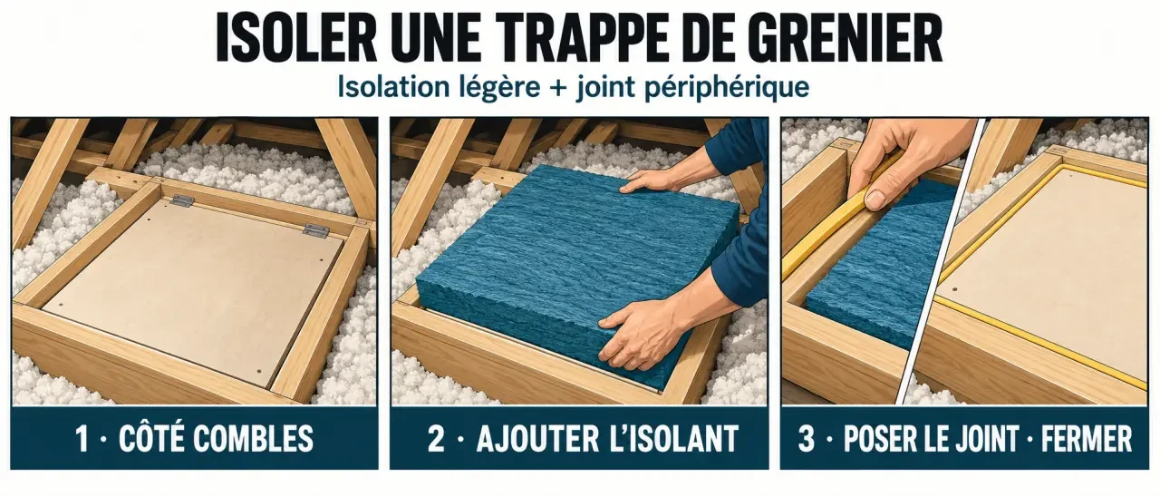 Illustration des étapes pour isoler une trappe de grenier avec un isolant et un joint d’étanchéité
