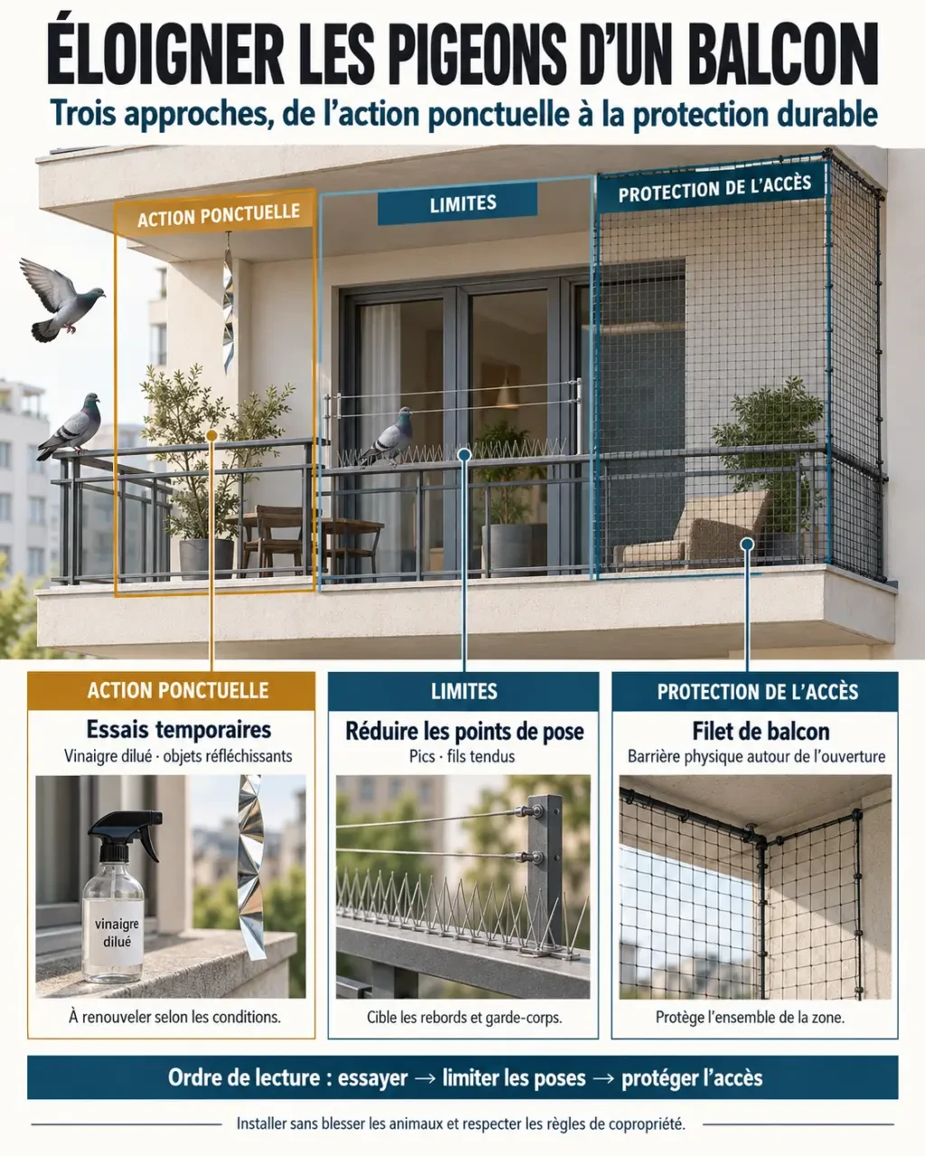 Recette de grand-mère pour faire fuir les pigeons : comparaison entre répulsifs maison et protections physiques sur un balcon