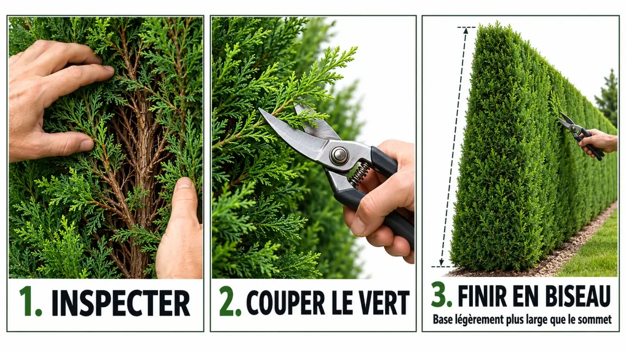 Taille cypres en trois étapes : inspecter, couper dans le feuillage vert et entretenir une haie