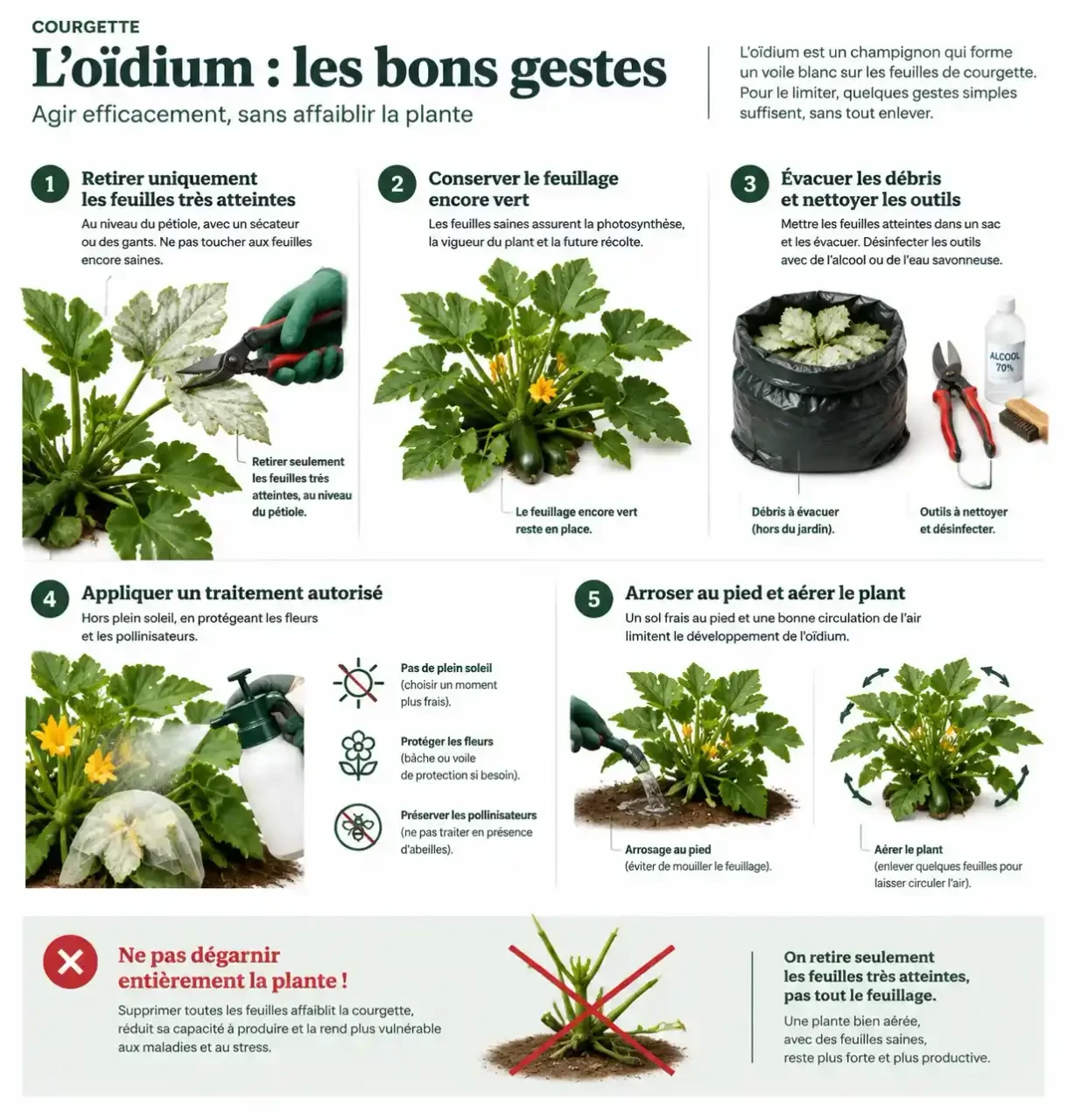 Gestes de traitement oïdium courgette pour retirer les feuilles atteintes et protéger le feuillage sain
