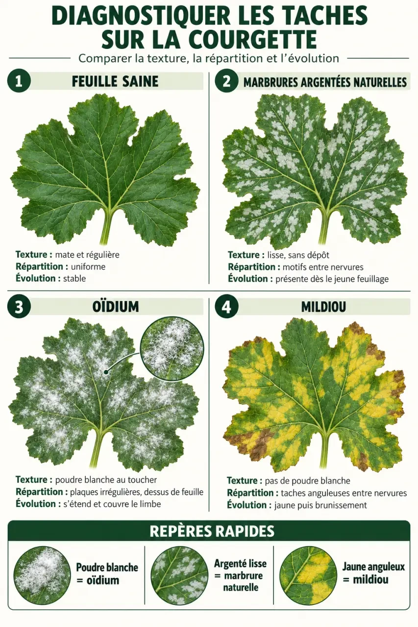 Infographie pour reconnaître les symptômes et choisir un traitement oïdium courgette
