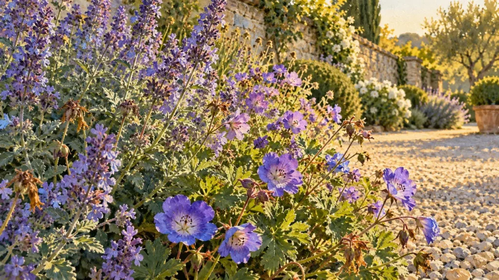 Fleur vivace longue floraison : népéta et géranium Rozanne au soleil (violet et bleu)