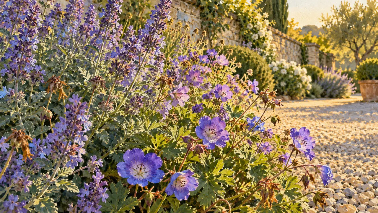Fleur vivace longue floraison : népéta et géranium Rozanne au soleil (violet et bleu)